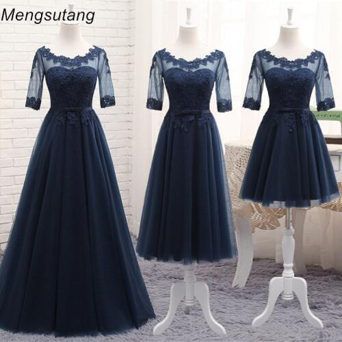 Robe de soiree 2021 wholesale Scoop Neck Half Transparent Lace Embroidery long Navy blue party prom dress Bridesmaid Dresses