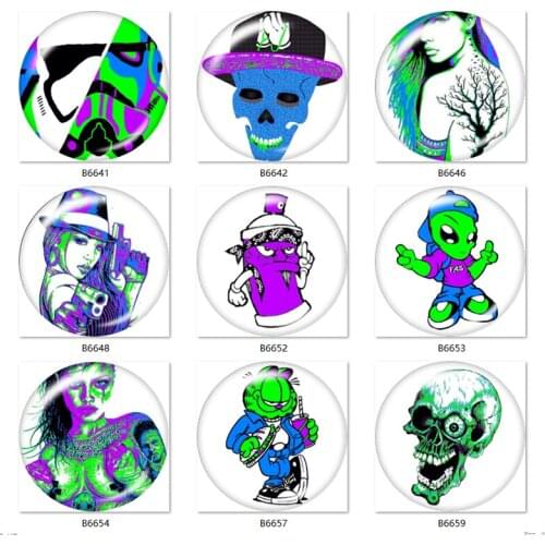 10pcs mixed original Graffiti skull 12mm/18mm/20mm/25mm Round photo glass cabochon demo flat back Making findings B6639