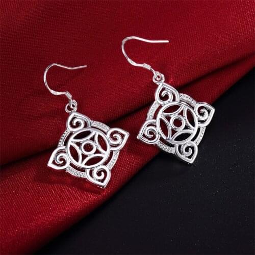 925 Sterling Silver Square Geometric Pattern Drop Earring For Women Lady Wedding Engagement Party Fashion Jewelry Gifts