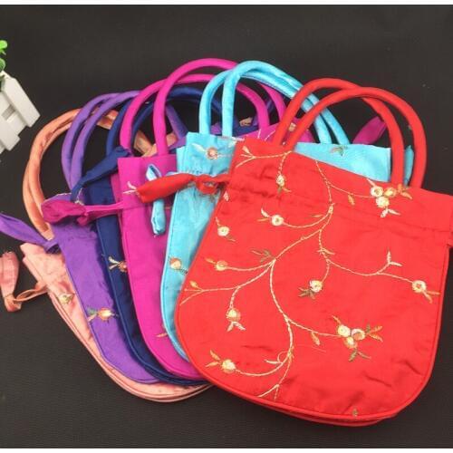 Embroidered Fruit Large Silk Gift Bag Handle Wedding Party Christmas Favor Bags Women Coin Purse Key Mobile Phone Pouches 10pcs