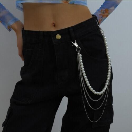 Retro Hip hop Street Jeans Trouser Key chain For Women Girls Multilayer Tassel Imitation Pearl Pants Chain Keychain Punk Jewelry