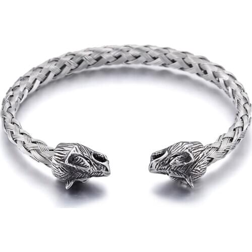 Pure 316L Stainless Steel Biker Wolf End Open Cuff Bangle Rope Cable-Wire Chain Bracelet Unisex Mens Punk Jewelry 23g