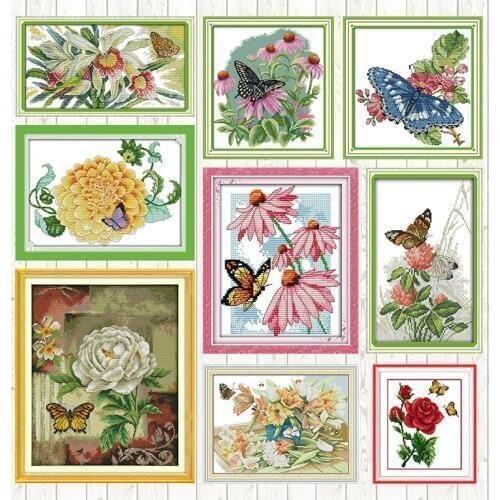 Butterflies Over Flowers Cross Stitch Flowers Series Stamped Kits 14ct 11ct Cross Stitch Sets DIY Handmade Embroidery Needlework