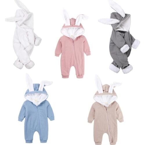 Baby Rompers Winter Newborn Boys Girls Clothes Rabbit Ear Hooded Jumpsuit infant Costume Warm Fleece Baby Romper