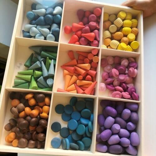 DIY Children Wooden Rainbow Blocks Loose Parts Toy Mushrooms Honeycomb Droplets Tree cones Mini Cones Building Blocks