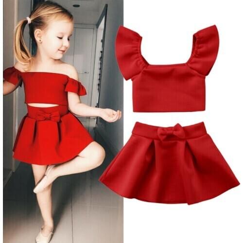 Toddler Kid Baby Girl Clothes Off Shoulder Tops Red Bow Skirt Outfit Baby Girl Summer Clothing Set 1-4Y