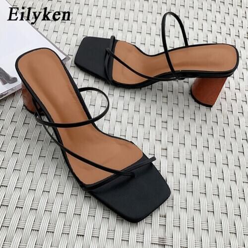 Eilyken Fashion Clip Toe Pinch Narrow Band Women Slippers Summer Wooden Square Heels Sandals Femmes Party Dress Shoes