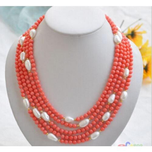 Jew2910 natural 5row 21" pink coral bead white baroque pearl NECKLACE