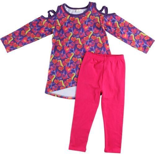 Kaiya Angel Children Girls Set for Valentines Day Heart Print Strapless Shoulder Top+Solid Cotton Legging Girls Festival Outfits