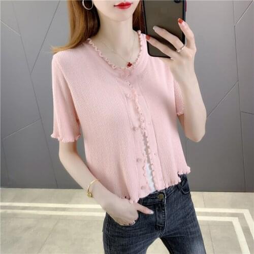 20455 (under No. 5, row 5, room 3) real shooting solid color fungus edge short sleeve short knitted cardigan [2007] 29