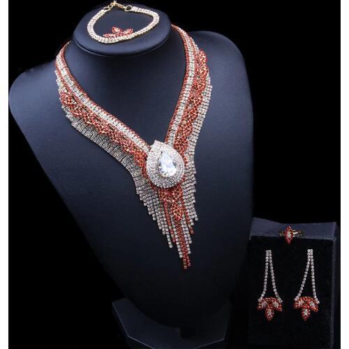 Red Water Drop Long Necklace Earring Jewelry Set Cubic Zirconia Crystal Prom Female Girl Ceremony Dress Banquet Gift Accessories