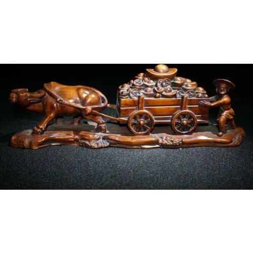ML002- 22 x 7.5 CM Stunning Boxwood Figurine Carving: Farmer and Buffalo