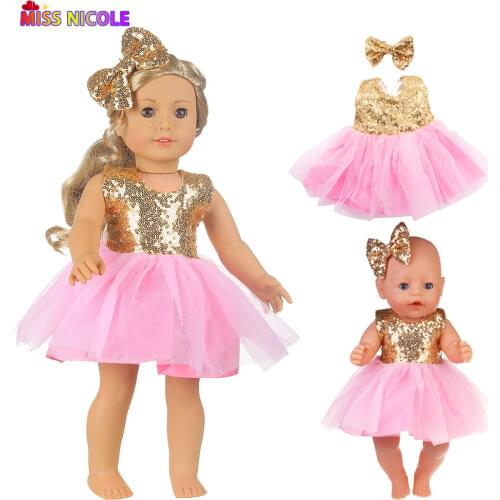 Fashion Sequin Doll Skirt Clothes + Hairpin Set Lace Trimmed Doll Dress For 18 inch American Doll&BDJ Dolls Best Gift For Girls