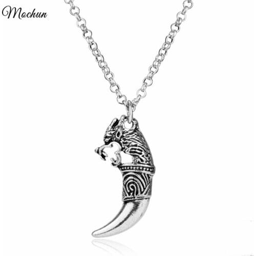 MQCHUN 2017 Mens Metal Wolf Head Pendant Vintage Wolf Tooth Dragon Statement Necklace Alloy Lycan Werewolf Warrior