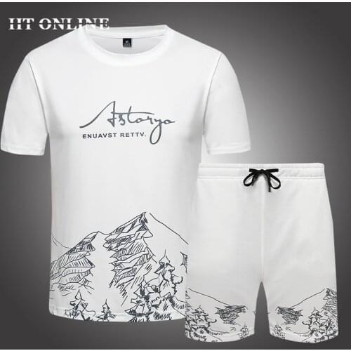 Mens Summer Casual Tracksuit Sets Short Sleeve Sportswear Print T Shirts+2 Piece Shorts Harajuku Fashion Brand Male Sport Suit
