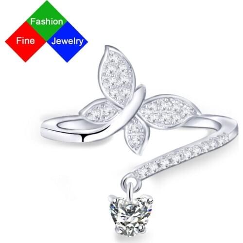 Real Fine Jewelry Fashion Sparkling Elegant Adjustable Size Butterfly 925 Sterling Silver Rings For Women Engagement