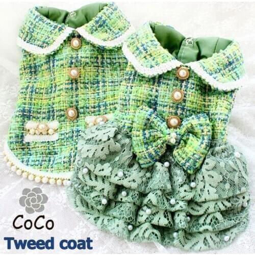 Free Shipping Handmade Dog Clothes Uptown Girl Style Pet Couple Dress and Vest Tweed Pearl Accessories Lace Skirt Plus Yorkie