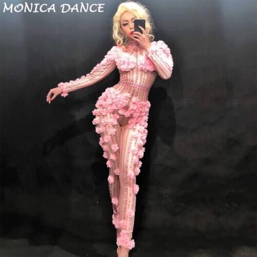 Sexy Pink Flower Crystals Dj Bodysuit Costume One-piece Evening Jumpsuit Celebrate Party Wear Singer Stage Performance Clothing