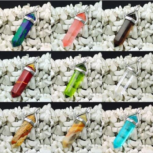 2 Mixed Stones Points Pendants Hexagon Pillar Glued Copper Cap Of Plating Platina Approx 40*10 mm