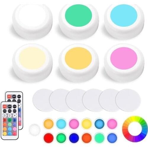 Dimmable RGB Under Cabinet Light Wireless Remote Control LED Puck Lights for Kitchen Wardrobe Hallway Closet Shelf Night Lamp