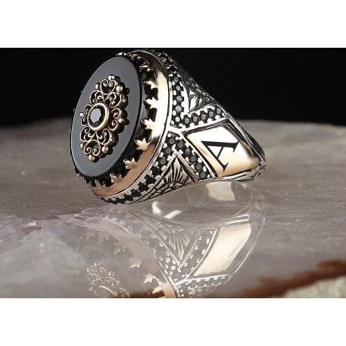 Personalized Letter Onyx Gemstone 925 Sterling Mens Silver Ring