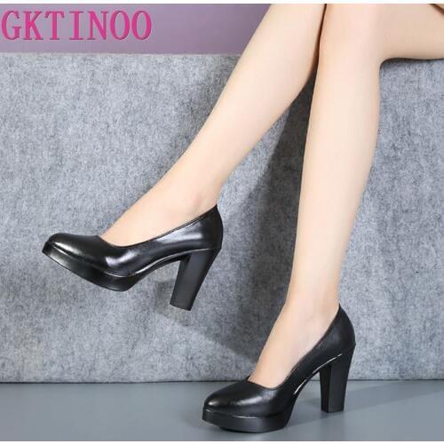 GKTINOO Genuine Leather shoes Women Pointed Toe Pumps Sapato feminino High Heels Shallow Fashion Black Work Shoe Plus Size 33-43