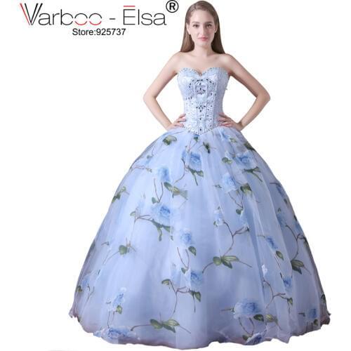 VARBOO_ELSA Light Blue Floral Print Homecoming Dresses 2018 Tulle Crystal Beaded Evening Gowns Sweetheart Strapless Prom Dresses