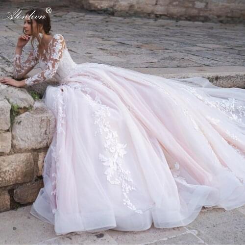 Alonlivn Gorgeous Scoop Neckline Of Candy Pink A Line Wedding Dress With Long Sleeve Buttons Closure