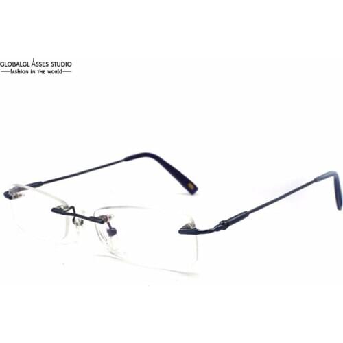 Vintage Rimless Slim Metal Eyeglasses Men Matt Blue Flexible Memory Frame High Quality Rx Optical Glass Clean Lens D1013-COL45