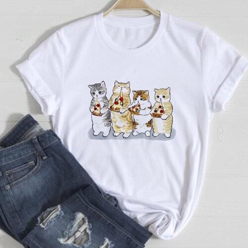 Cute Cat Printing Clothing T-shirt Lady Short Sleeve Casual 90s Cartoon Fashion Clothes Tees Tops Tshirt Female Graphics T-shirt