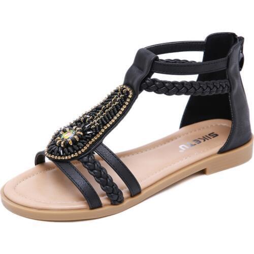 Ladies Sandals Fashion Bohemian Solid Flat Summer Women Shoes Casual Beach Shoes Ethnic Flat Women Sandals BlacK Ladies Shoes