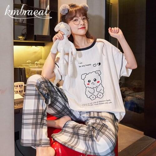 Womens Pajamas Summer Trouser Suits Short-sleeved Cotton Pants Sleepwear Autumn Nightwear Can Wear Household To Take Plus Size