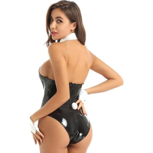 Women Naughty Bunny Girl Kawaii Rabbit Cosplay Costumes Role Play Erotic Lingerie Set Leather Teddy Bodysuit Collar Wrist Cuffs