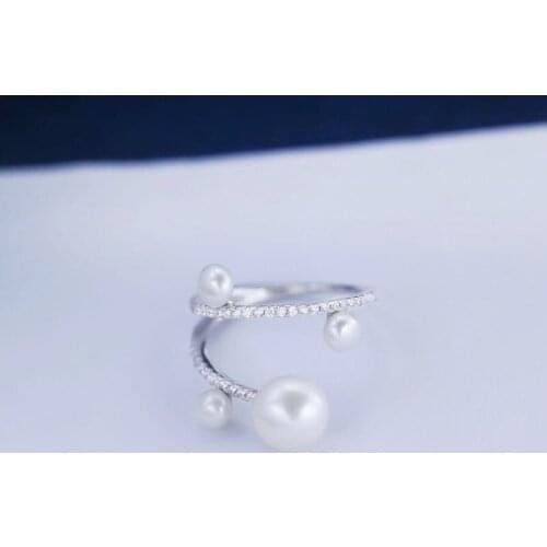 SLJELY Fashion Real 925 Sterling Silver 4 Natural Pearls Line Finger Ring Micro Cubic Zirconia Stones Women Fine Brand Jewelry