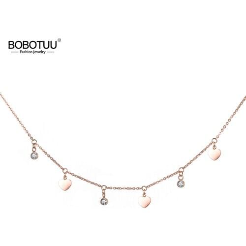 BOBOTUU Stainless Steel Choker Necklace Heart & Zircon Charms Rose Gold Color Charm Necklaces Jewelry Gift For Women BN18275