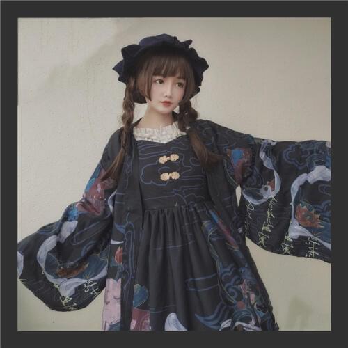 Dunhuang Mysterious Vintage Style Womens Lolita 2pcs Dress Set:JSK Sleeveless Dress+Long Sleeve Haori Coat Cat Lotus Cloud Trim