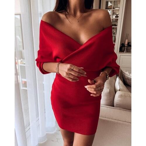 Knitted V Neck Backless Mini Dress Bat Sleeved Sexy Party Dress Solid Long Sleeve Bodycon Dress