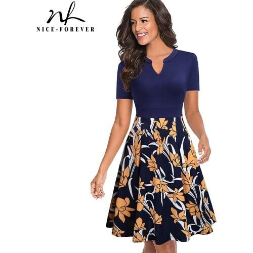 Nice-forever Spring Floral Printed Casual Pink Dresses A-Line Flare Swing Women Dress btyA036