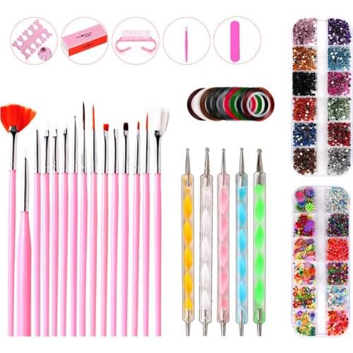 10x Nail Flatback Crystals Decors Liner Brushes 5 Sizes Dotting Tools Pens