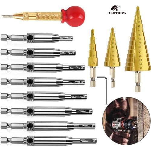 3-13PCS Woodworking Drilling Tools Hinge Window Cabinet Hinge Drill Hole OpenerTitanium Coated Step Drill Bit Center Punch