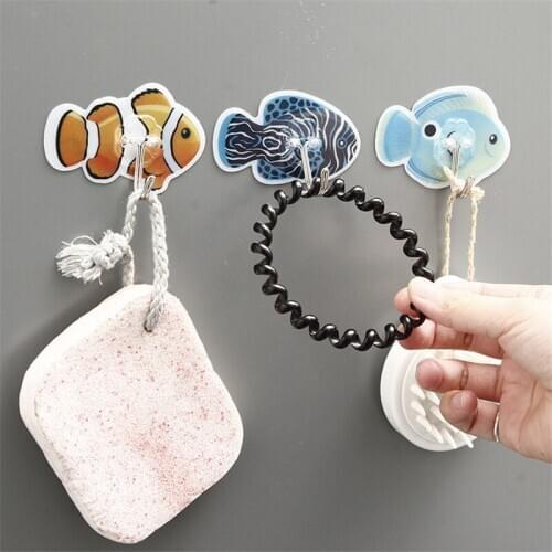 3Pcs Cute Ocean Fish Hooks Holder Wall Kitchen Tool Storage Holders For Bathroom Door Cabinet Shelves Hanging Organizer