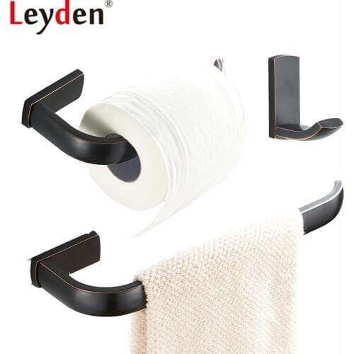 Leyden ORB Brass 3pcs Bathroom Accessories Set Wall Mounted Black Towel Ring Holder Toilet Paper Holder Tissue Holder Robe Hook