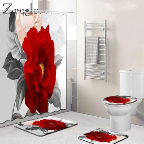 Zeegle 3D Floral Pattern 4PCS Bathroom Bath Mat with Shower Curtain Set Bath Floor Rugs Microfiber Toilet Seat Cover Mat
