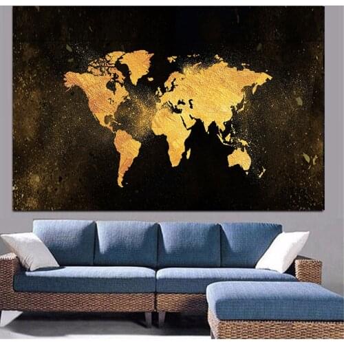Abstract Black Gold World Map In Office Canvas Painting Posters and Print Nordic Wall Art Picture for Living Kids Room Decor