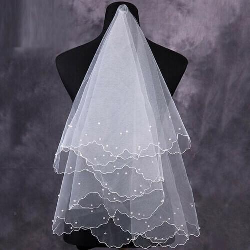 White 2T Wedding Bridal Veil with Comb Handmade DIY Fabric beaded Beads Pearl