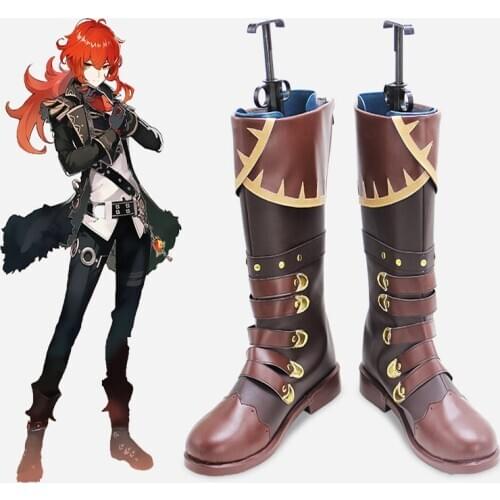 Game Genshin Impact Diluc Cosplay Boots Shoes Leather Shoes Comic-Con Cosplay Accessorie Halloween Party Shoes