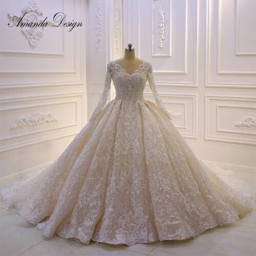 Custom Made Bridal Dress High Quality Long Sleeves Lace Crystal Wedding Dress Luxury