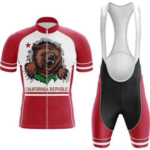 CALIFORNIA Republic Cycling Jersey Set Short Sleeve Bike Clothing Bib Shorts Gel Breathable Pad MTB Maillot Ciclismo Hombre