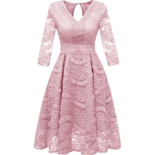 L36307 Womens Full Dress Simple Long Sleeve Solid Color Lace Decor Fashion Dress