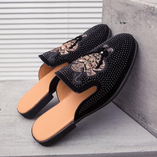 Brand Designer Mens Casual Diamond Leather Luxury Business Italian 38~45 Men Half Shoes Drop Ship Mules Man Black Slides Slipper